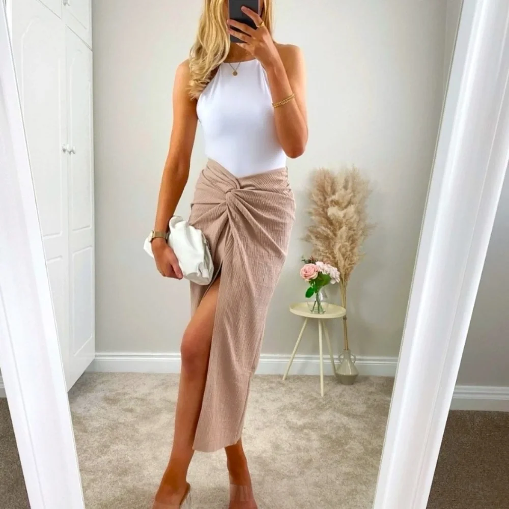 ZARA TEXTURED KNOTTED MIDI SKIRT PINK Medium